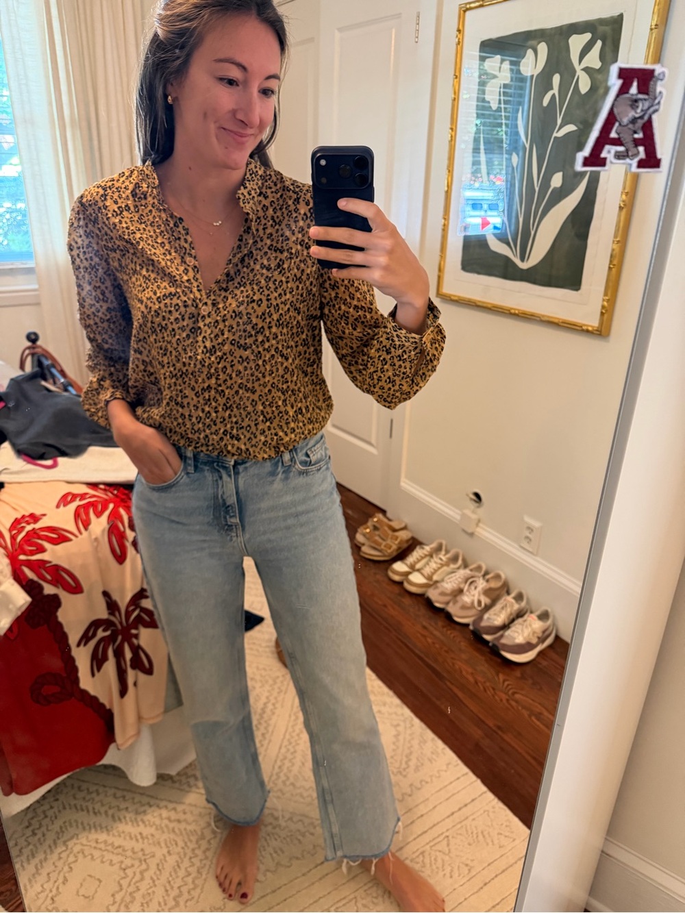 Who What Wear Leopard Print Ruffle Blouse in Tan and Black